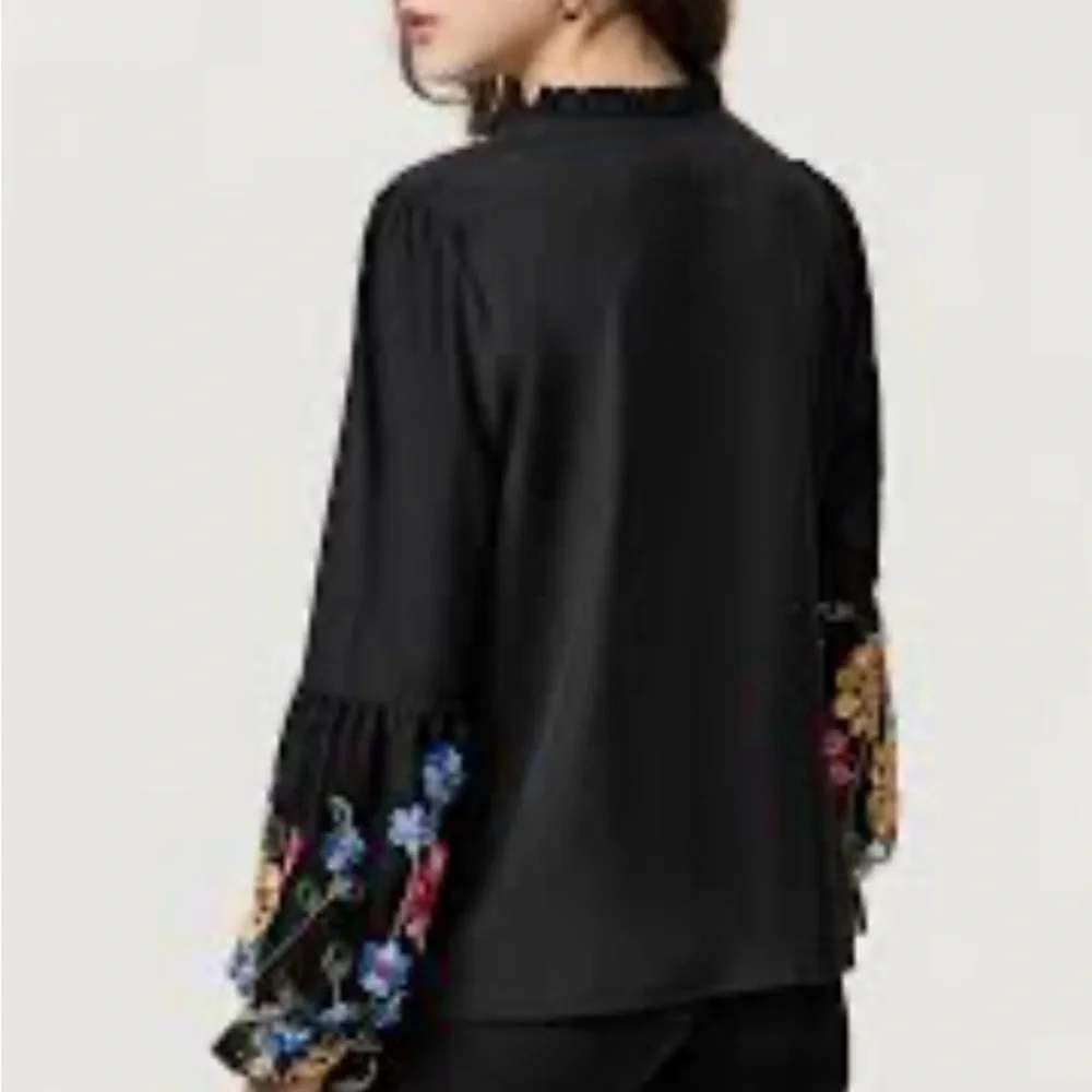 SHEIN Black Sheer Flowy Blouse with Colorful Lantern Embroidered Floral Sleeves - Picture 3 of 17